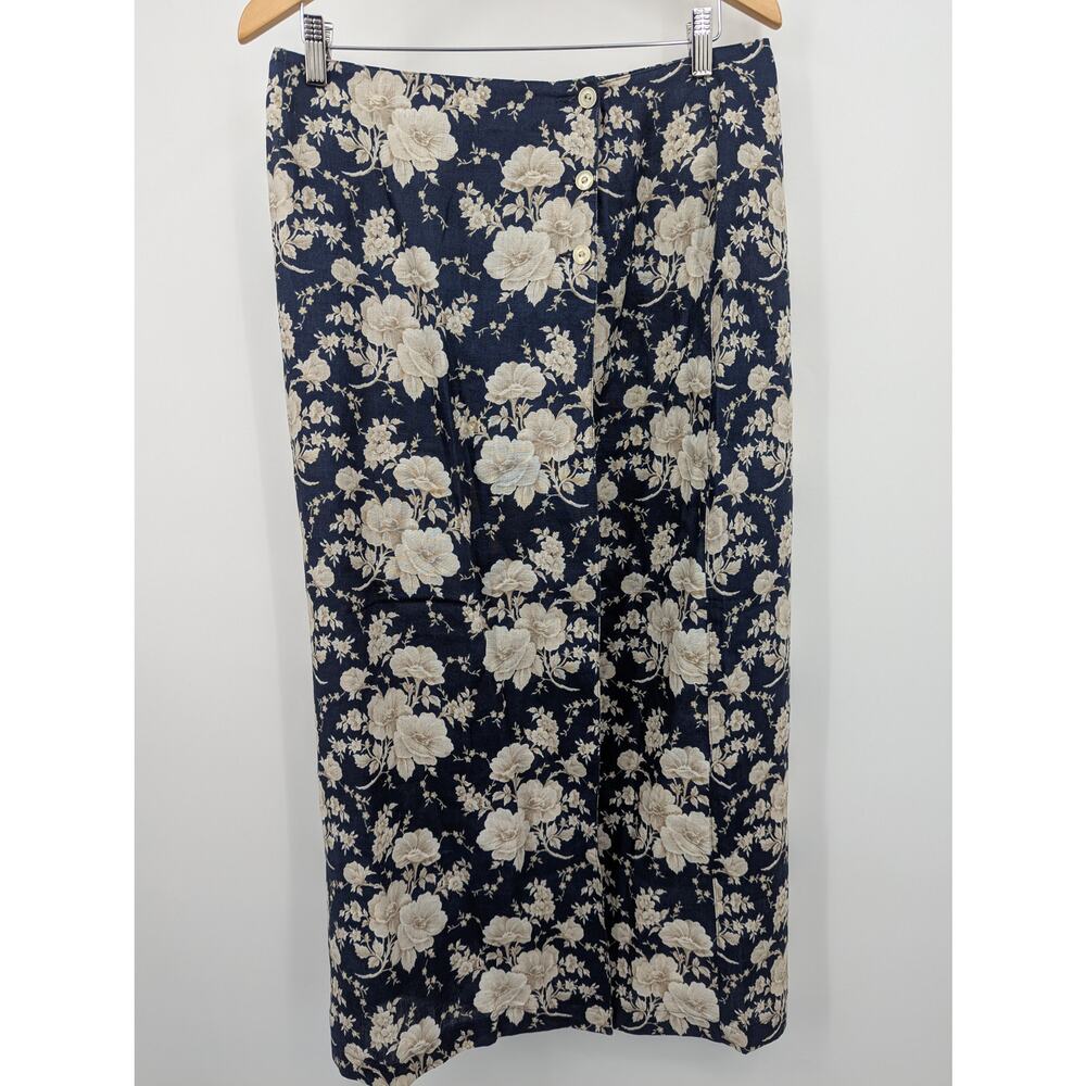 Liz Claiborne LizSport Petite 100% Linen Floral Skirt Size 14 Blue Cream Midi